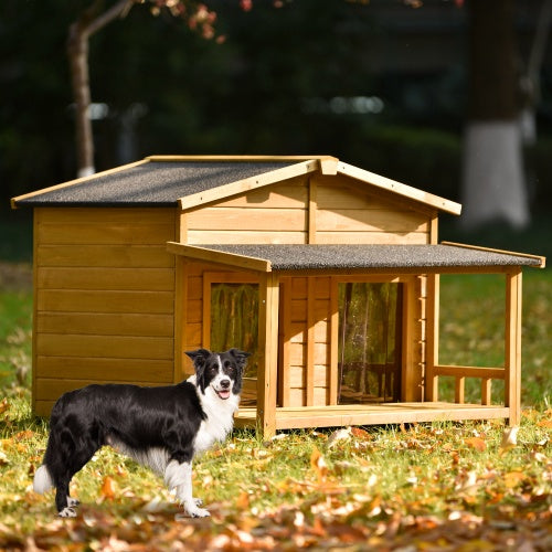 Large Wooden Dog House Outdoor | Hut Style Kennel with Porch & 2 Doors for Big Dogs