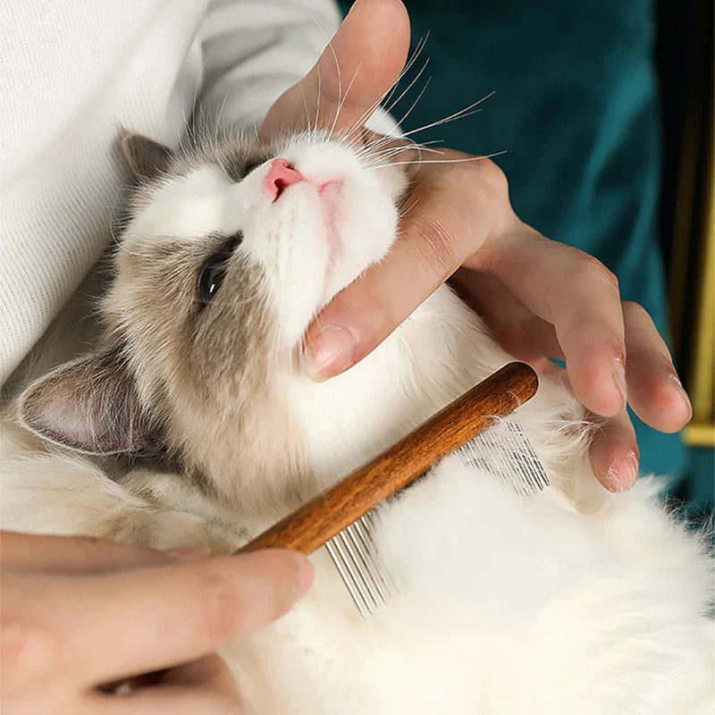 Wooden Handle Cat Brush – Stainless Steel Grooming Comb for Pets | Pet Hair Remover Tool