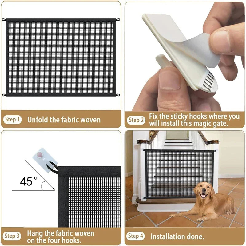 Foldable Dog Playpen Mesh Safety Gate | Indoor Pet Barrier for Stairs with Hooks