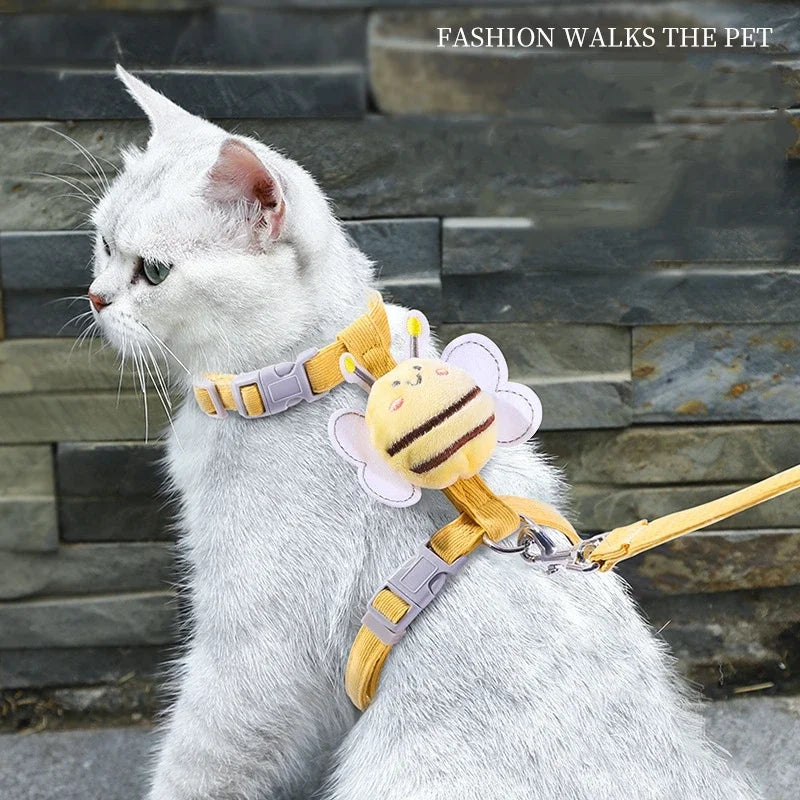 Adjustable Cat & Dog Harness Leash Set – Cute Bee Design for Small & Medium Pets | Outdoor Walking Gear
