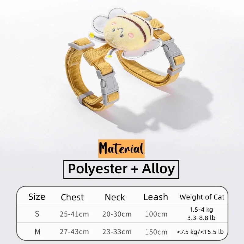 Adjustable Cat & Dog Harness Leash Set – Cute Bee Design for Small & Medium Pets | Outdoor Walking Gear